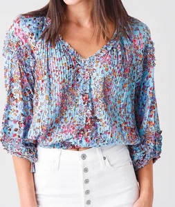 Poupette St Barth India Ruffle Blouse One Size Blue Multi - Picture 1 of 9