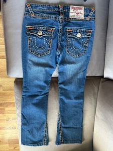 VINTAGE TRUE RELIGION FADED WOMENS SIZE 31 JEANS  ORANGE TRIM - Picture 1 of 4