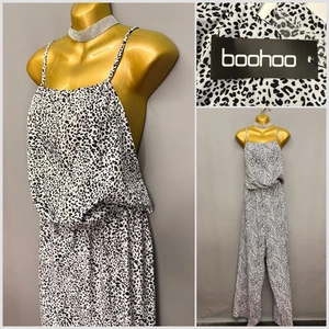 NEU BOOHOO Jumpsuit-Kleid schwarz & weiß Animal-Print weites Bein UK 18 - Bild 1 von 14