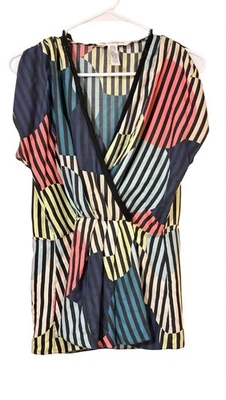 Top envolvente de seda Diane Von Furstenberg DVF estampado geométrico a rayas multicolor talla 4 Foto 1 de 4