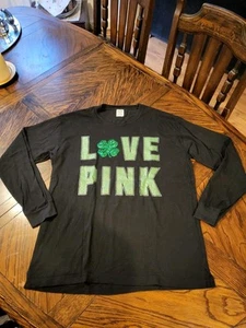 Victoria's Secret Pink Range Black Long Sleeve T-shirt With Green Sparkly Logo - Picture 1 of 5