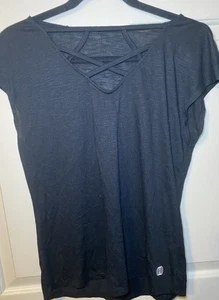 Women’s Black Short Sleeve Cross Front Blouse L - Picture 1 of 3