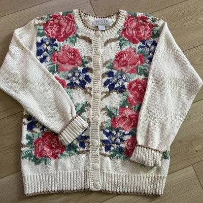 Cárdigan Suéter Pequeño Abuela Cottagecore Floral Crema Años 80 90 Tejido con Cable De Colección Foto 1 de 4