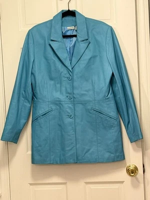 Abrigo de coche Newport News vintage de cuero con botones azul pálido talla 14 Foto 1 de 4