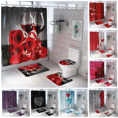 Juego de 4 alfombrillas de baño impermeables para cortina de ducha de corazón rosa Foto 1 de 4