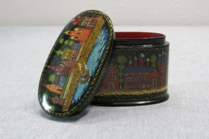 Vintage Russian Lacquer Hand Painted Miniature Oval Wood Box Signed - Picture 1 of 12
