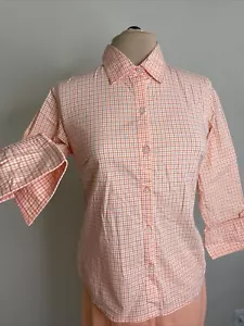 Eddie Bauer Orange Blouse Womens Checked Shirt Button Up Sz Small Plaid Top - Picture 1 of 9