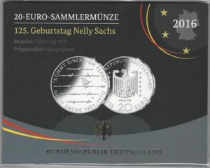 Germany €20 Euro 2016 F Collector/Silver Coin Proof 125th Birthday Nelly Sachs - Picture 1 of 1