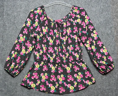 Betsy Johnson 衬衫女式 XL 黑色粉红色花卉圆点褶皱海报 Cutesy XO — 第 1/4 张图片