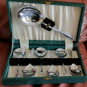 Vintage Boxed Set of 7 Chromium Plated Dessert & Serving Spoons Floral Pattern - Picture 1 of 7