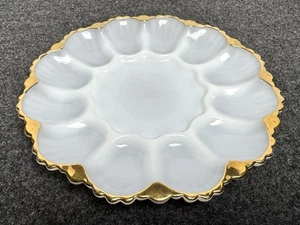Vintage Anchor Hocking Milk Glass 10” Deviled Egg Platter Gold Trim Holds 12 - Picture 1 of 8
