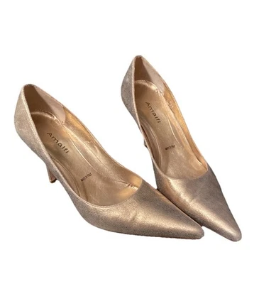 Amalfi 8.5 Vtg Heels In Gold Metallic Leather Pumps Pointy Toe Italy - Image 1 of 4