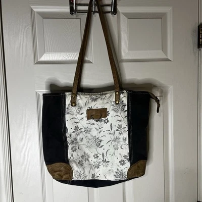 Myra Bag Leather And Cotton Medium Size Tote With Black And White Floral Design - Image 1 of 4
