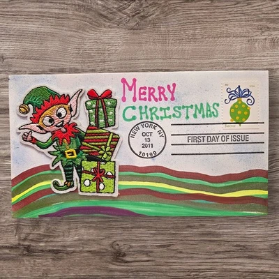 Hand Painted Colored Drawn with Elf Patch Merry Christmas First Day Cover FDC - Image 1 of 2