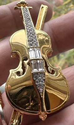 Broche prendedor violonchelo cristal Swarovski vintage tono dorado 3" Foto 1 de 4
