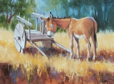 TOM HAAS Pintura 'Retirado' Óleo 12x16 Nuevo México Campo Burro Burro Burro Carro Bosque Foto 1 de 2