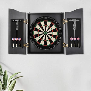 Wall-Mounted Black Dartboard Set with Cabinet and Darts for All Ages - Picture 1 of 21