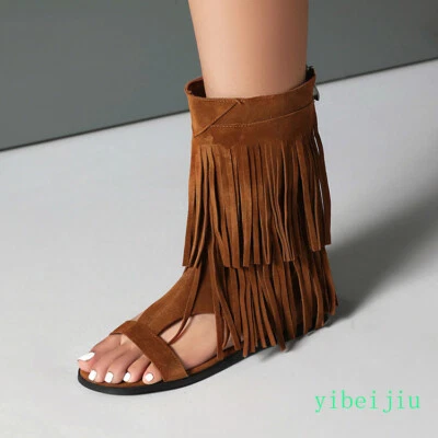 Botas bohemias romanas punta abierta media pantorrilla capa borla para mujer sandalias vintage zapatos Foto 1 de 4