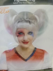 Halloween Perücke Harley Quinn Zöpfe Pony weiß blau pink Wortspiel Erwachsene One Size NEU - Bild 1 von 3
