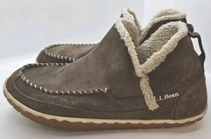 LL Bean Women's Mountain Slippers Size 10 Tan Brown Moccasin Fleece, Suede Boots - Picture 1 of 9