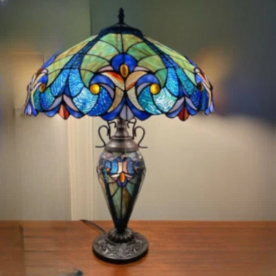 Tiffany Style Table Lamp Royal Blue Stained Glass Reading Accent Victorian Theme