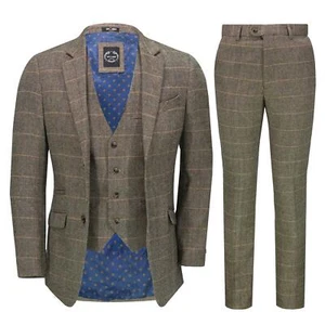 Mens 3 Piece Tweed Suit Tan Herringbone Check Retro Peaky Blinders Tailored Fit - Picture 1 of 8