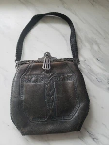 Vintage antike Leder Handtasche Handtasche Tooled Blumen Kunst Pat. 25. Januar-1821 - Bild 1 von 8