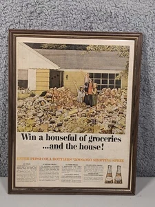 Vintage Werbedruck Softdrink Soda PEPSI Win House voller Lebensmittel 1965 gerahmt - Bild 1 von 3