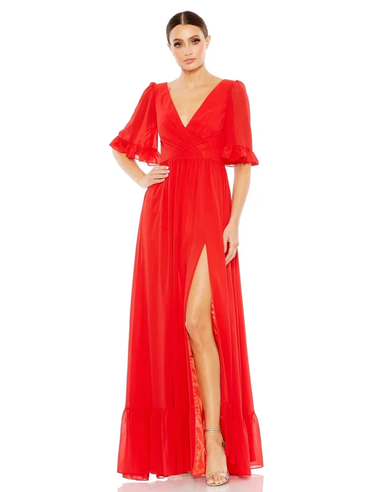 Ieena Mac Duggal Red Ruffle Trim Faux Wrap A-Line Gown Size 14 $498 - Image 1 of 3
