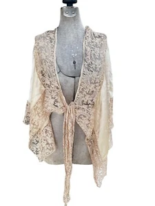 Antique Silk Shawl Wrap w handmade Lace Trim Ecru Belgium Princess Lace Capelet - Picture 1 of 20