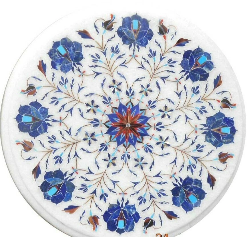 12" marble coffee end table top semi precious stones art inlay home room decor - Image 1 of 1