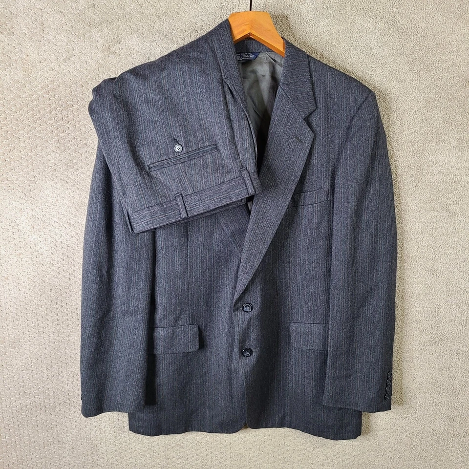 Vintage Kuppenheimer Suit Mens 46R Gray Striped 2 Piece Wool Blazer Pants 36x30 - Image 1 of 4