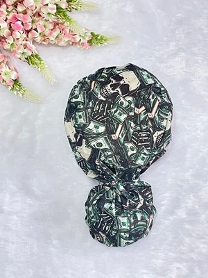 Hats For Women, Ghost Print Ponytail Scrub Cap: Satin Lined Surgical Hat. - Image 1 of 4