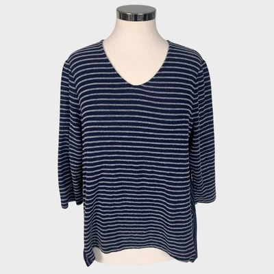 Chico's Large Size 2 V Neck 3/4 Sleeve Black White Stripe Shirt Cotton Polyester - Image 1 of 4