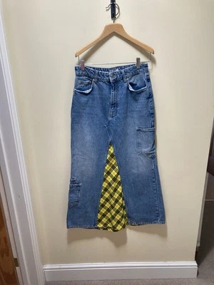 ZARA Denim Maxi Skirt UK 10 EUR 38 Yellow Tartan Insert Y2K Grunge NO CARE LABEL - Image 1 of 4