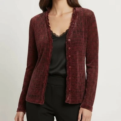 Cárdigan Coldwater Creek Terciopelo Burnout 1X Rojo Profundo Volantes Ribete Cabricho Transparente Foto 1 de 4