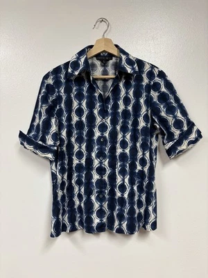 Lafayette 148 blue white Shibori Tie dye Button Down Short Sleeve Top 6 NWOT - Image 1 of 4