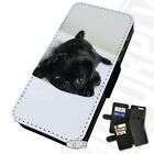 Printed Faux Leather Flip Phone Case For Huawei - Black Pug On Bed - Cute Dog