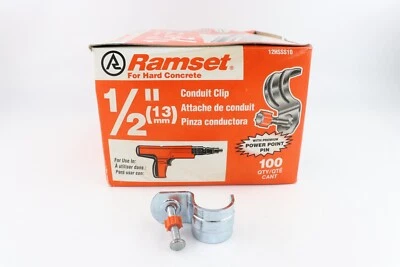 QTY. 100 - RAMSET 12HSSS10 1/2"/13MM ONE HOLE STRAP/CONDUIT HANGER CLIP W/ PIN