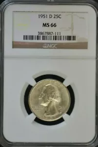 1951 D - SILVER WASHINGTON QUARTER - NGC MS66 CONDITION GEM - Picture 1 of 4