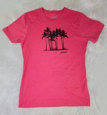 亚瑟士女式 (L) 圆领 T 恤短袖紫红色粉色棕榈树  — 第 1/4 张图片