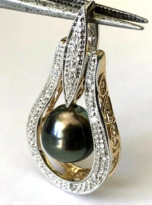 JCR John C Rinker 14K Gold Grey Natural Pearl 17 Diamond Ladies Charm PENDANT - Picture 1 of 12