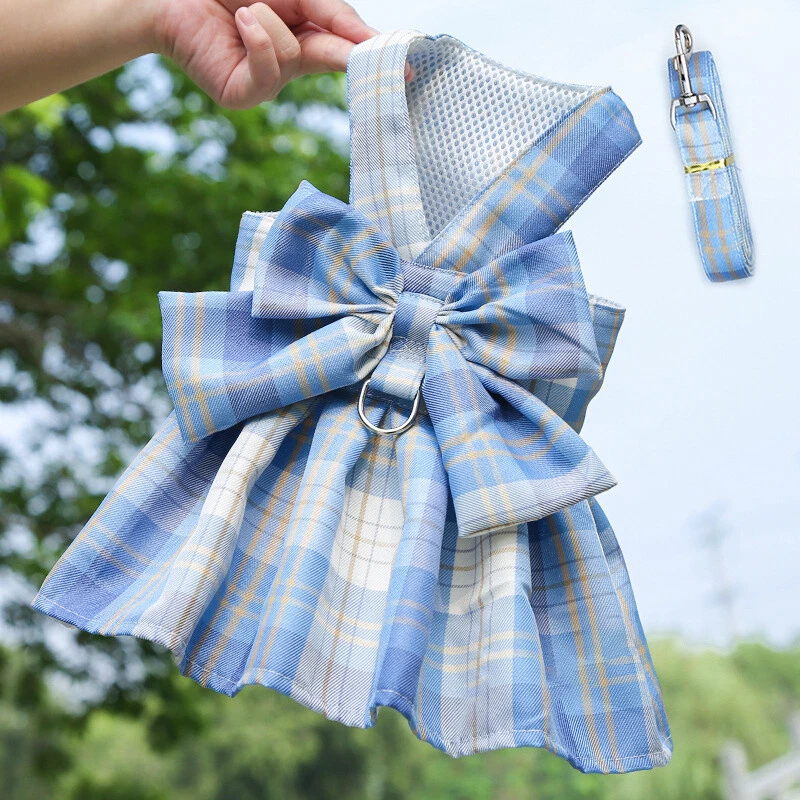 Small Pet Dog Plaid Bow Skirt Vest Dress Clothes Puppy Cat Harness + Leash Set - Image 1 of 4
