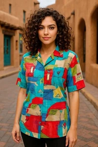 Alfred Dunner 12 Abstract Print Shirt Boldwear Retro Colorblock Artwear Blouse - Picture 1 of 13