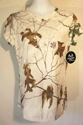 NUEVA Camisa Mujer Sedosa Talla Pequeña Realtree Blanca Camuflada Top Ciervos Caza Cuello en V Camiseta Foto 1 de 2