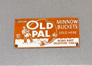 VINTAGE 12” OLD PAL FISH HUNT BOAT PORCELAIN SIGN GAS OIL CAR TRUCK MOTORCYCLE - Picture 1 of 2