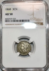NGC AU-50 1868 Nickel Three Cent Piece, Richly Hued w/ Light Luster. - Picture 1 of 2