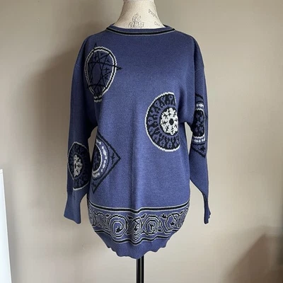复古 Mondi 符号毛衣 尺寸 L 羊毛 80 年代 Whimsygoth Indie Boho Grunge Gen X — 第 1/4 张图片