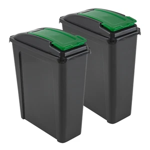 2 x 25L Slimline Bin Graphite Base with Green Flap Lid Waste Trash Tall Dustbins - Picture 1 of 5