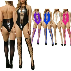 Sexy Women Hollow Out Bodysuit Fishnet Backless Lingerie Nightwear with Stocking - Picture 1 of 10